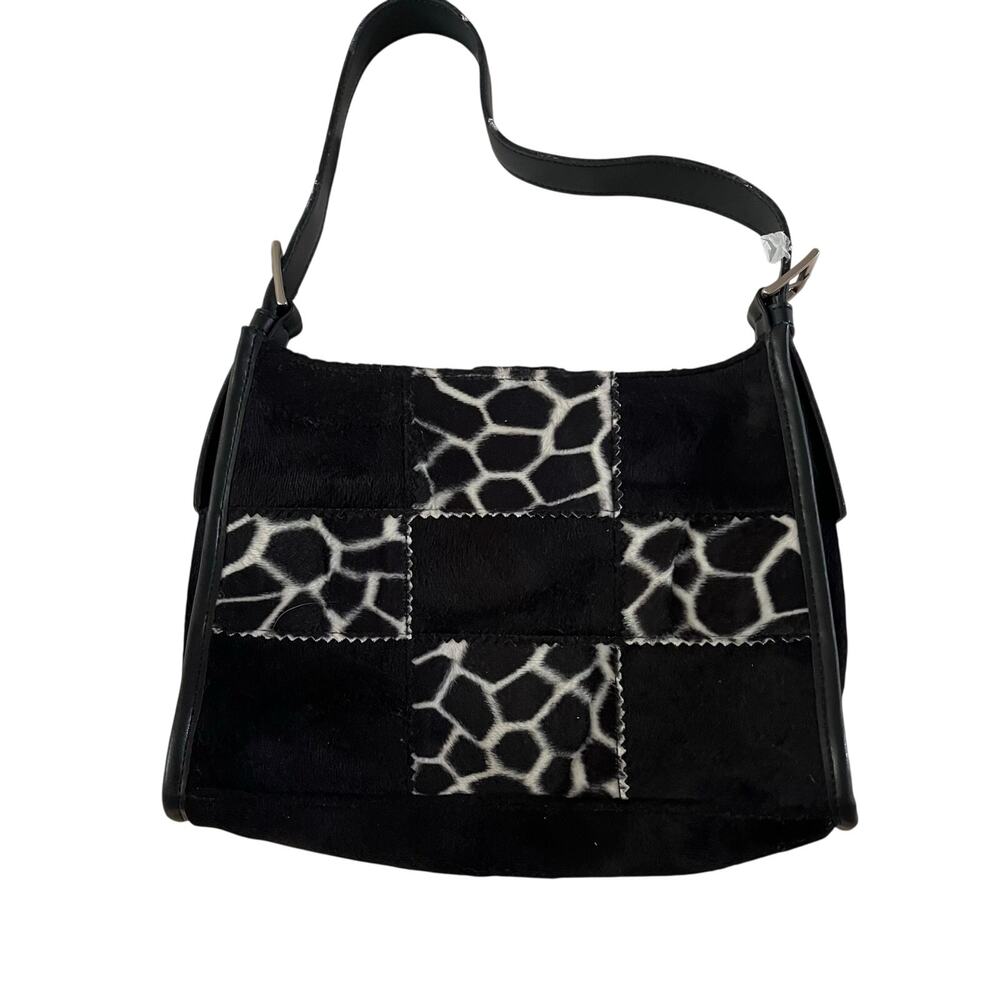 Vtg Y2K 2000s Black Animal Print Pattern Shoulder Purse Leather Suede